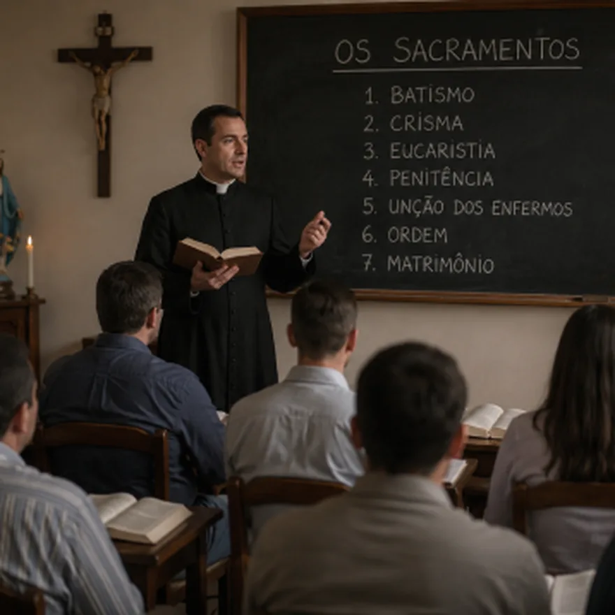 Padre ensinando em voz alta diante de fiéis que escutam